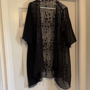 Sheer Black Floral Lace Kimono Cover-Up